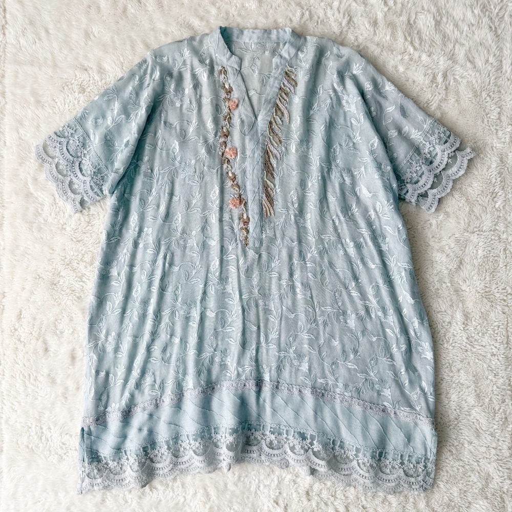 Women Pastel Blue Embroidered Lace Beaded Relax Fit V-Neck Tunic Kaftan Fairy